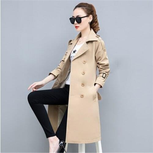 High quality womens long windbreaker jacket 2019 new spring and autumn long-sleeved khaki double-breasted ladies windbreaker 67
