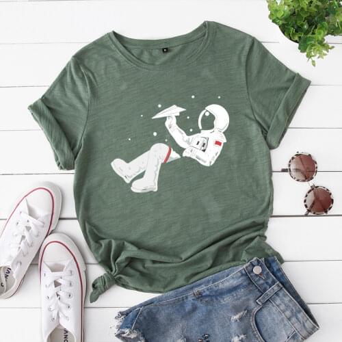 Women Short Sleeve Cotton T-Shirts Graphic Tees Summer Tee Tops for Female Loose Casual Oversized Tee Clothes Cartoon Astronaut