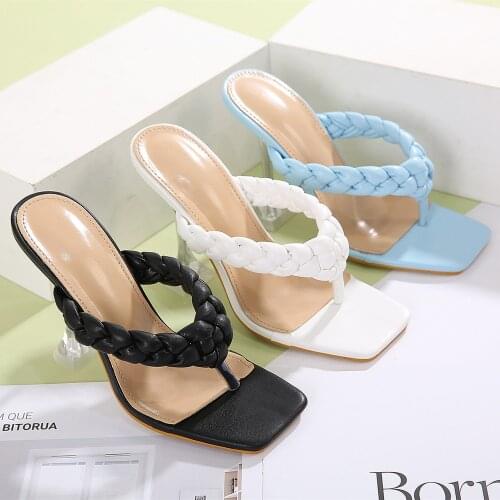 Termainoov Women Slippers High Heels Weave Big Size Square Toe Fashion Dress Shoes Flip Flops Summer New Women Slidder
