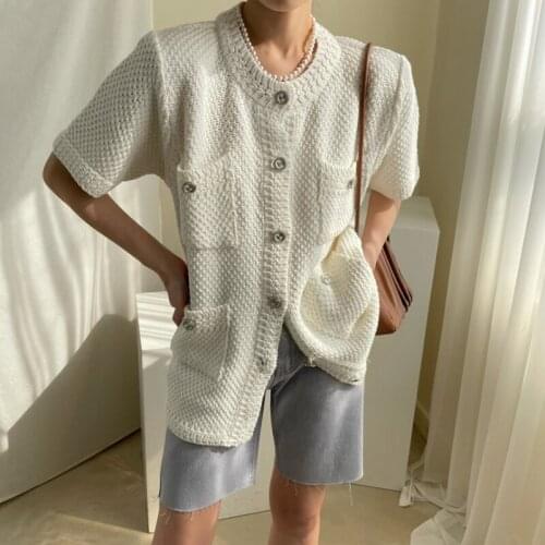 Spring Summer Short Sleeve Knitted Cardigans Women Vintage Korean 2021 Single Breasted Casual Knitting Coat Lady Loose Knitwear