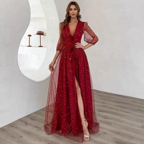 2021 Sexy Strapless Evening Prom Party Dress Women Solid Color Celebrity Maxi Dress High Long Sleeve Split V-Neck Dress