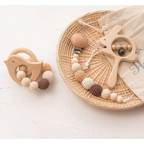 1Set Baby Rattle Toys Lion Rabbit Hand Teething Rattle Musical Montessori Stroller Toy Wooden Educational Toys Gifts