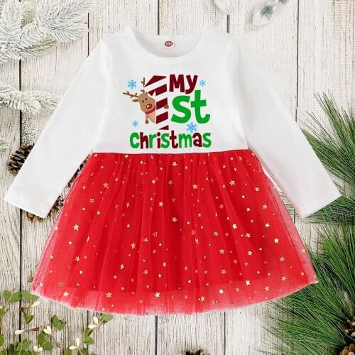 BABYS FIRST CHRISTMAS Xmas Kids Baby Girl Dress Christmas Tutu Long Sleeve Dress Princess Santa Xmas Outfit Dress