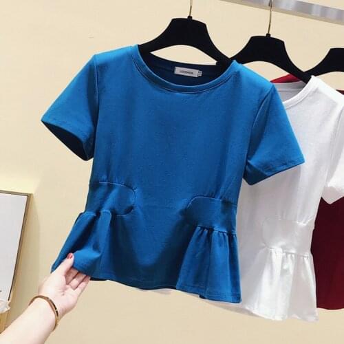 Design 2021 Short Sleeve T-Shirt Women Top White Summer Cotton T-Shirt Lady Fashion Splicing Ruffle Tee Shirt Femme