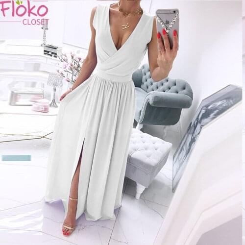 Flokocloset Women Solid V-Neck Sleeveless Party Maxi Dress Summer Chiffon A-LINE Split Bodycon Sundress