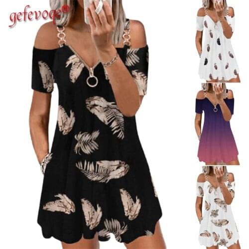 Summer Clothes For Women Sling Zipper Off-shoulder Womens Dress Lady Fashion V-neck Printing Robe Harajuku Casual Loose Dresses