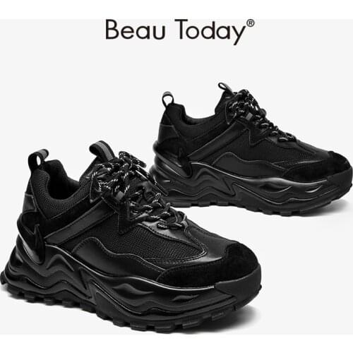 Chunky Sneakers Women Leather Patchwork Mesh Sports Round Toe Cross-Tied Ladies Platform Trainers Handmade BeauToday 29396