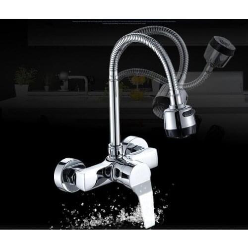 Wall Mounted Stream Sprayer Kitchen Faucet Single Handle Chrome Flexible Hose Kitchen Mixer Taps Dual Holes Free Shipping