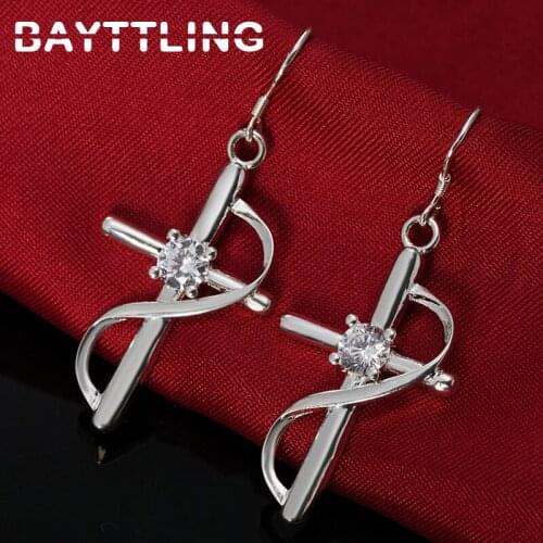 BAYTTLING New 925 Sterling Silver 53MM Cross CZ Zircon Drop Earrings For Women Exquisite Gifts Wedding Party Jewelry