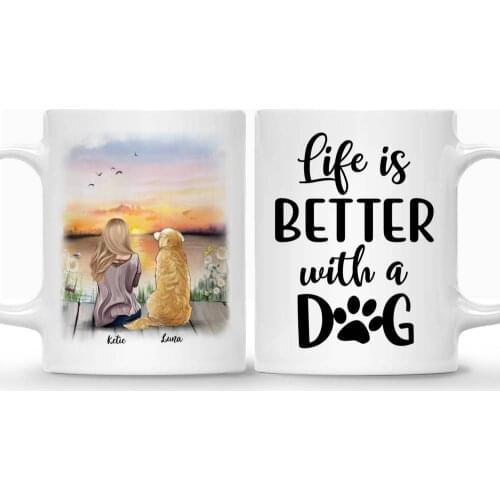 Personalized Mugs Girl and Dog Lovers Coffee Mug Cup Pet Gift DIY Custom Made Life Is Better with a Dog 11/15 Oz RR2022