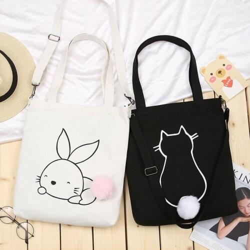 PURFAY Korean Simple Women Package Print Cat Canvas Bag Handbags Japanese Shoulder Bags Casual Shopping Tote Girls Handbag