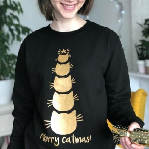 Merry Christmas cat Fashion Gold Graphic Women Sweatshirts Cotton Funny Female Clothing Pullovers Full Long Sleeve Top Shirt
