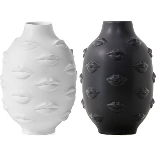 Vintage Sexy Lips White/Black Vase Human Face Flower Pot Home Garden Ornament Ceramic Crafts Desktop Decorative Accessories