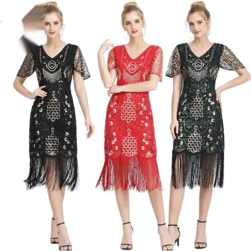 Vintage Art Deco Long Fringed Sequin Beaded Dress V-neck Evening Party Costumes Gown Charleston Long Dresses Vestidos