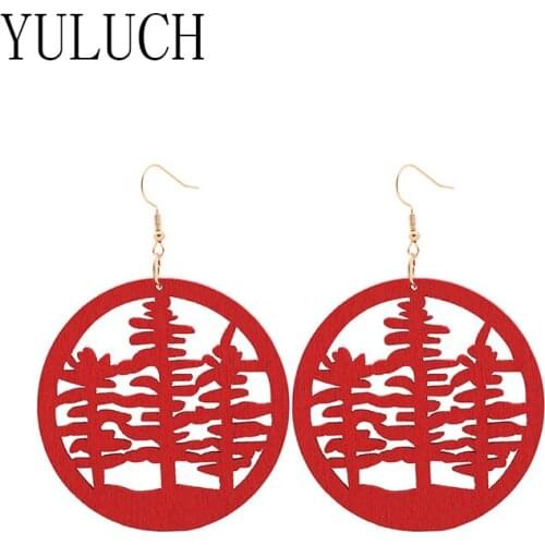 YULUCH Ethnic style round wood pendant earrings jungle hollow 6 colors girl jewelry simple holiday holiday accessories woman