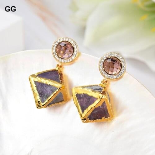 GuaiGuai Jewelry Natural Purple Fluorite Nugget Gold Color Plated Earrings Girls Fashion Vintage Style For Lady