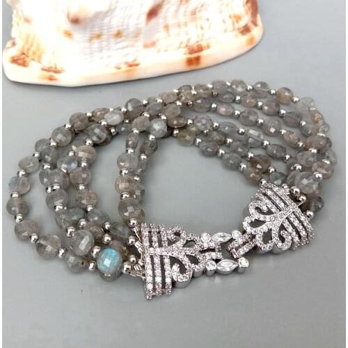 YYGEM 6Strands Natural Faceted Coin Shape Labradorite Bracelet Cubic Zirconia Pave Clasp 8.5" classic for women