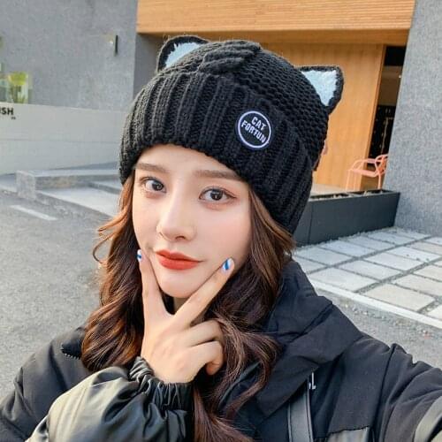 YQYXCY Womens Hat Winter Beanie Velvet Thick Warm Cartoon Cat Ear Protection Knitted Cap Hats For Girls Women Bonnet Femme