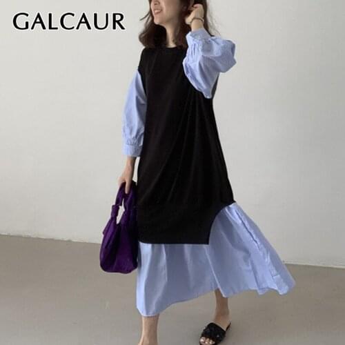 GALCAUR Korean Fashion Patchwork Colorblock Dresses For Women 2021 Round Collar Puff Sleeve Loose Summer Dress Female Clothing