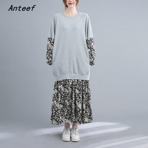 Anteef long sleeve cotton vintage floral dresses for women casual loose spring autumn sweatshirt dress elegant clothing 2021