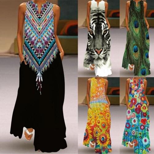 2021 Summer New Women Elegant Vintage Sleeveless Beach Dress Sexy Retro Print Women V-neck Pockets Loose Maxi Dress Sundress