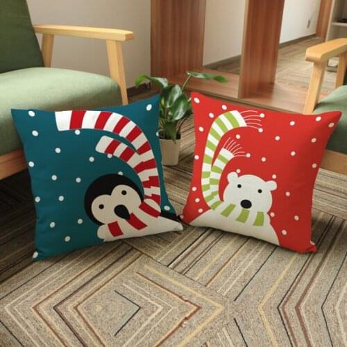 2018 Cute Christmas Decoration Pillow Covers Penguin Polar Bear With Scarf Snowing Cotton Linen Sofa Cushion Cover Car Pillows