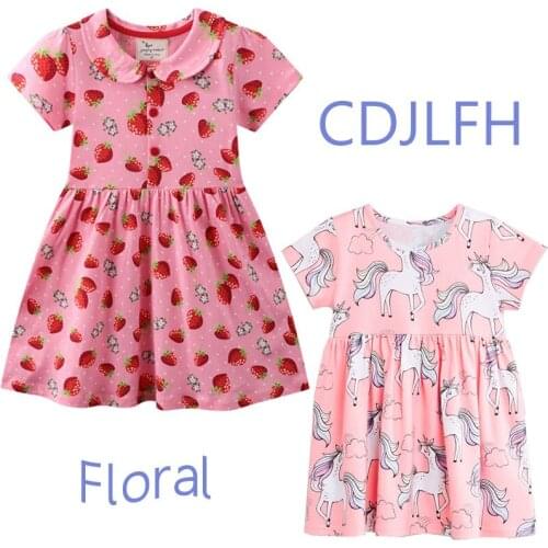 2021 Baby Girls Dresses Summer Dresses Kids Short Sleeve Cute Unicorn Strawberry Print O-neck Dress Princess Dresses For Girls