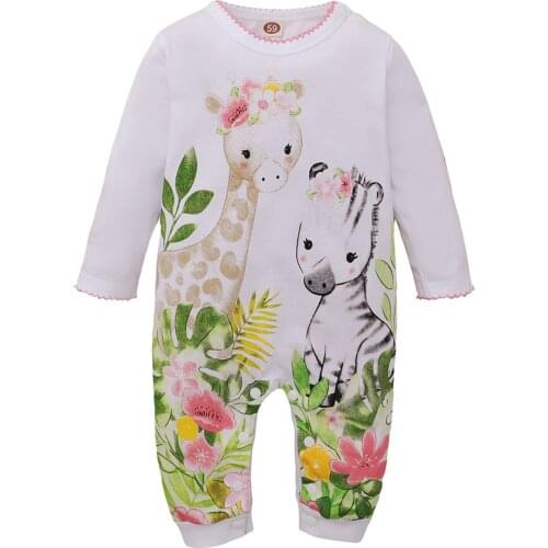 4# 0-18months 3d Lovely Printing Infant Baby Boys Girls Long Sleeve Cartoon Floral Elk Print Romper Jumpsuit Baby Rompers Korean