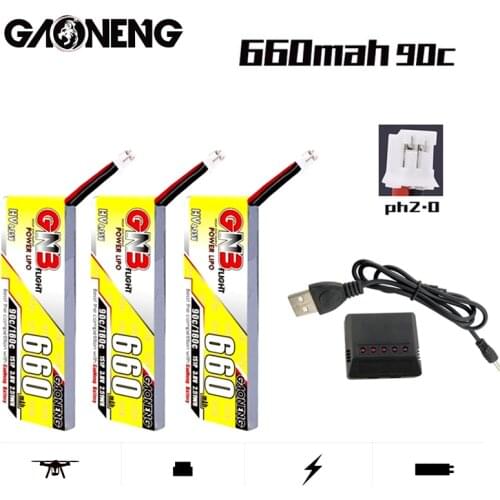 GAONENG GNB 3.8V 660Mah 1S HV Lipo Battery +Charger 90C/180C 4.35V With PH2.0 Plug For Emax Tinyhawk King Kong Ldarc TINY7 Drone