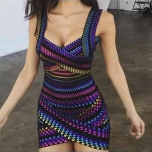 3 Colors Top Quality Celebrity Colorful Striped Rayon Bandage Dress Bodycon Evening Party Dress