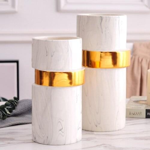 White Marbled Vase Ceramic Flower Vase with Gold Plated Home Decoration Centerpiece Desktop Vase 9.6/12 inch