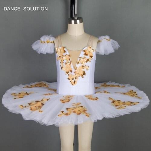 White and Gold Pre-Professional Ballet Dance Tutus Stiff Tulle Pancake Tutu Performance Costumes BLL034A