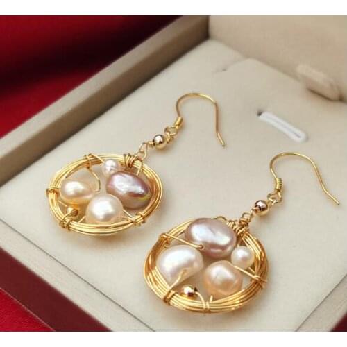 Noble jewelry Freshwater Color abnormity natural pearl earrings womens Handmade gold wire wound round