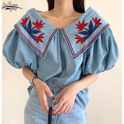 Vintage Denim Summer Loose Women Shirt Flower Embroidery Blouses Women Casual Slash Neck Lantern Sleeve Female Tops Blusas 15433