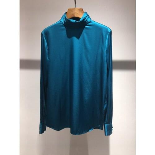 Blouses 9.10 Women Silk 2021 New Elegant Fashion Stand Collar Long Sleeve Temperament Solid Color Shirt Ladies