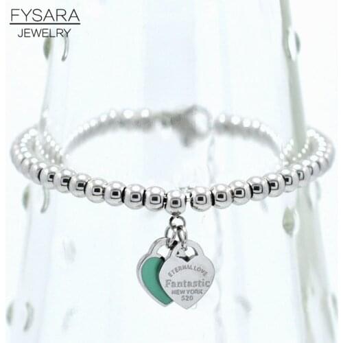 FYSARA Brand Luxury ETERNAL Couple Bracelets Double Heart Balls Beaded Bracelet For Women Couple Green Pink Charm Bracelets