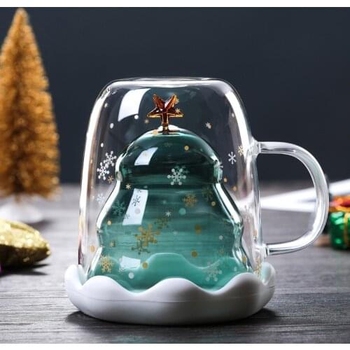 Double Layered Anti Scald Glass Cup Christmas Tree Coffee Mug Thermal Insulation Breakfast Milk Cup Childrens Gift 300ml