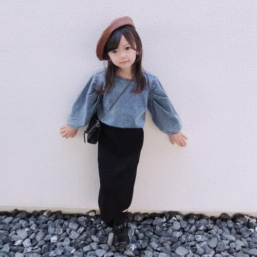 2021 Autumn and Winter New Childrens Flower Bud Sleeve Waist Denim Jacket Girls All-match Double-sided Jacket