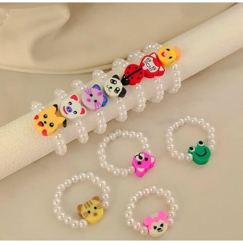 Ins Simple White Beaded Imitation Pearl Ring For Women Girls Cute Frog Cartoons Animal Handmade Beads Rings Fashion Jewelry Gift