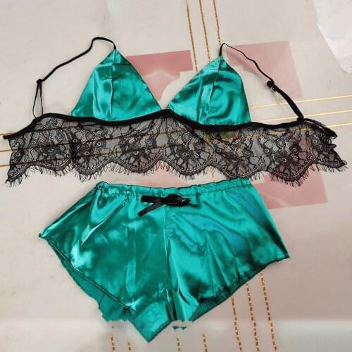 Women Sexy Lace Bowknot Bra Set Underwear Ice Silk Sexy Panties Lace Bra Set Erotic Lingerie Solid Panties Set Women Sleepwear