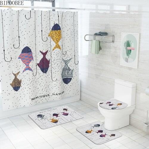 Colorful Fish Printed Shower Curtain Set Bath Mats Rugs Cartoon Toilet Lid Cover Anti-slip Rug Bathroom Curtains with Hooks