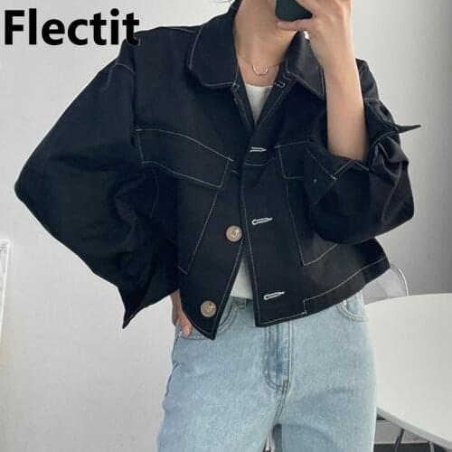 Flectit Black White Denim Crop Jacket Women Jean Jacket Coat Top Stitch Big Pocket Button Up Boxy-fit Vintage Outfit