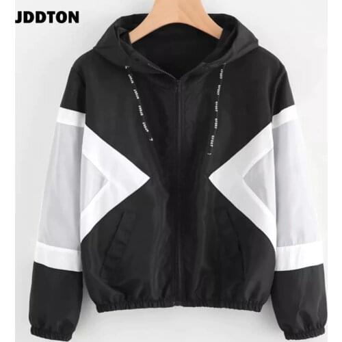 JDDTON Womens Hooded Jackets Patchwork Windbreaker Color Block Multicolor Beam Waist Coats Casual Female Outwear EU Size JE289