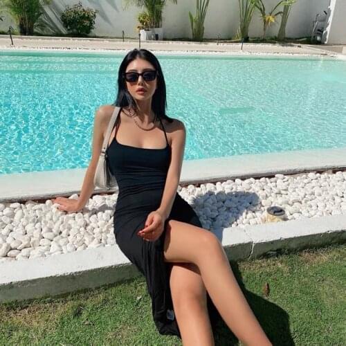 Summer Dress 2021 Sexy Backless Tight Slit Spaghetti Strap Dress Plus Size 90s Black Y2k Midi Ladies Dresses Birthday Outfits