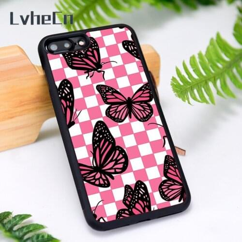 LvheCn Silicone Rubber Phone Case Cover for iPhone 6 6S 7 8 Plus X XS XR 11 12 Mini Pro Max Pink Butterfly Checkers