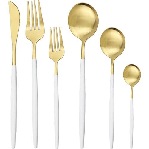 4/6 Set Matte White Gold Dinnerware Set Knife Fork Spoon Flatware 304 Stainless Steel Tableware Set Silverware Cutlery Set