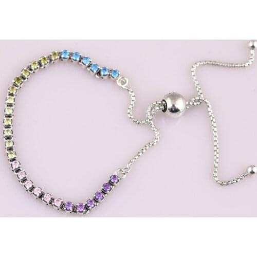 Authentic 925 Sterling Silver Rainbow Tennis Sparkling Strand Adjust Pandora Bracelet Bangle Fit Bead Charm Diy Jewelry