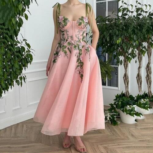 Stunning Pink Short Prom Dresses 2021 Lace Women Pageant Gowns Spaghetti Straps Corset Ankle Length Formal Evening Party Dress