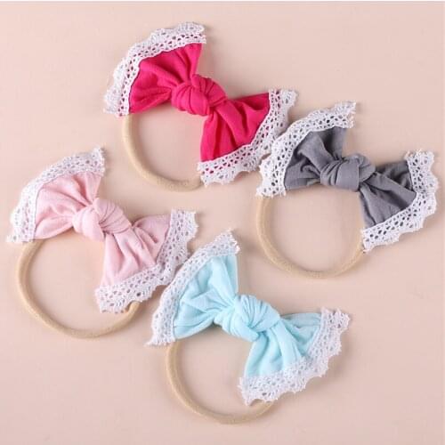12pcs/lot Newborn Baby Girls Knot Bows Nylon Headbands With Lace Trims,Toddlers Girls Elastic Nylon Head Bands,Little Girls Hair