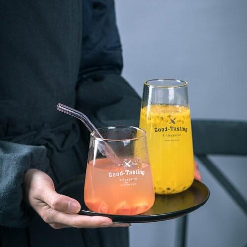 Simple Tall Transparent Milk Fruit Juice Cold Drinking Dessert Big Belly Cup Letter Glass Cup Kichen Supplies